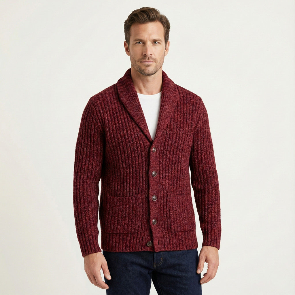 Men's chunky knit cardigan with shawl collar and buttons