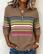 Women's striped quarter zip sweatshirt with mock neck