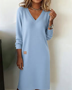 Women's long sleeve V-neck sweater midi dress with ribbed cuffs