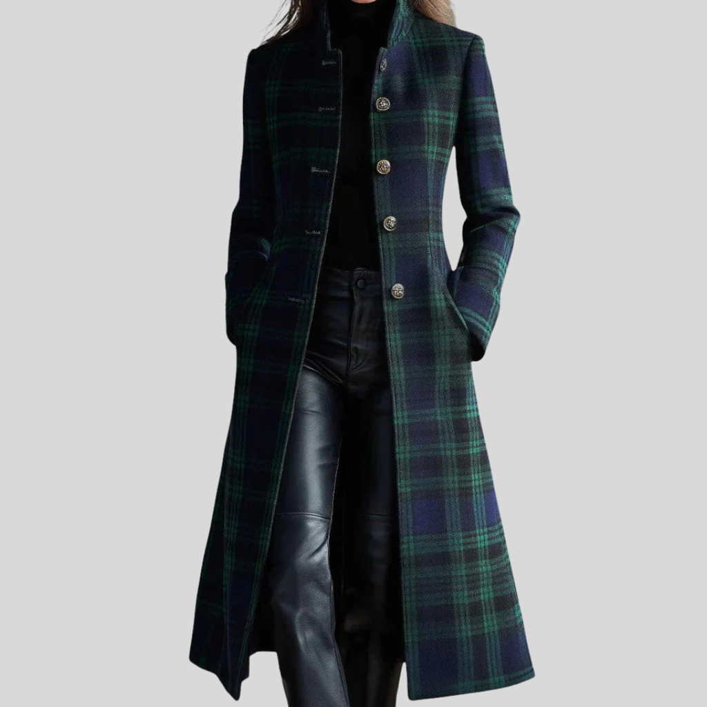 Women's long blue and green plaid coat with stand collar and buttons