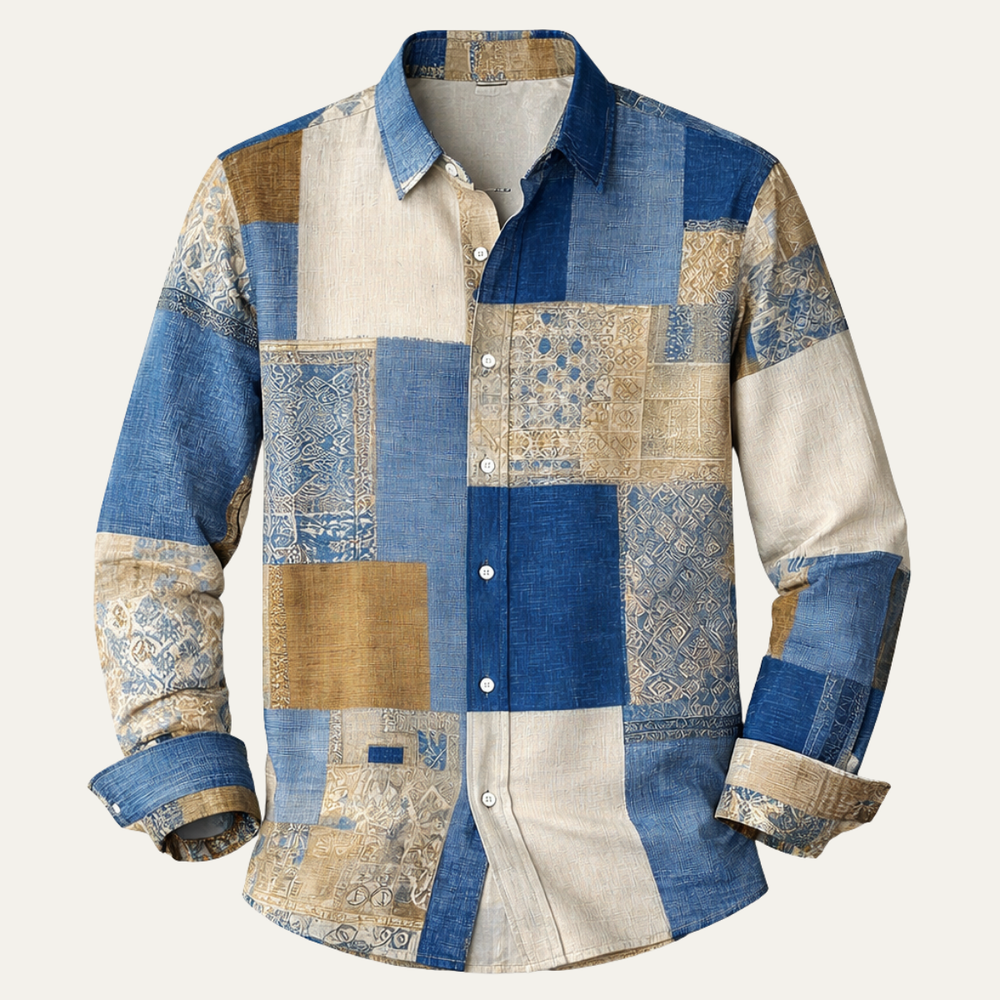 Men's colour block patchwork shirt with long sleeves