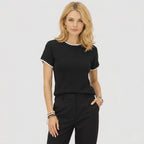 Women's short-sleeve knitted jumper with contrast scalloped trim