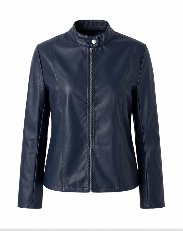 Woman wearing a fitted leather jacket with stand collar and zipper