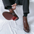 Men's pointed toe Chelsea boots with elastic side panels and low heel