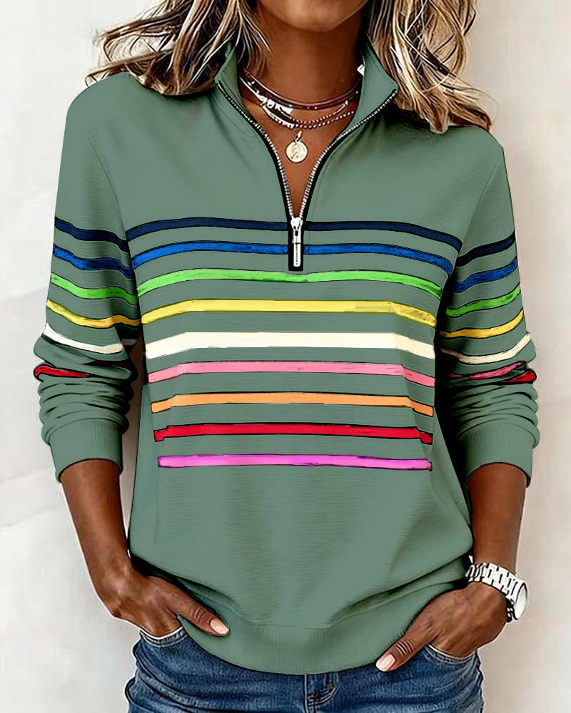 Women's striped quarter zip sweatshirt with mock neck