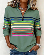 Women's striped quarter zip sweatshirt with mock neck