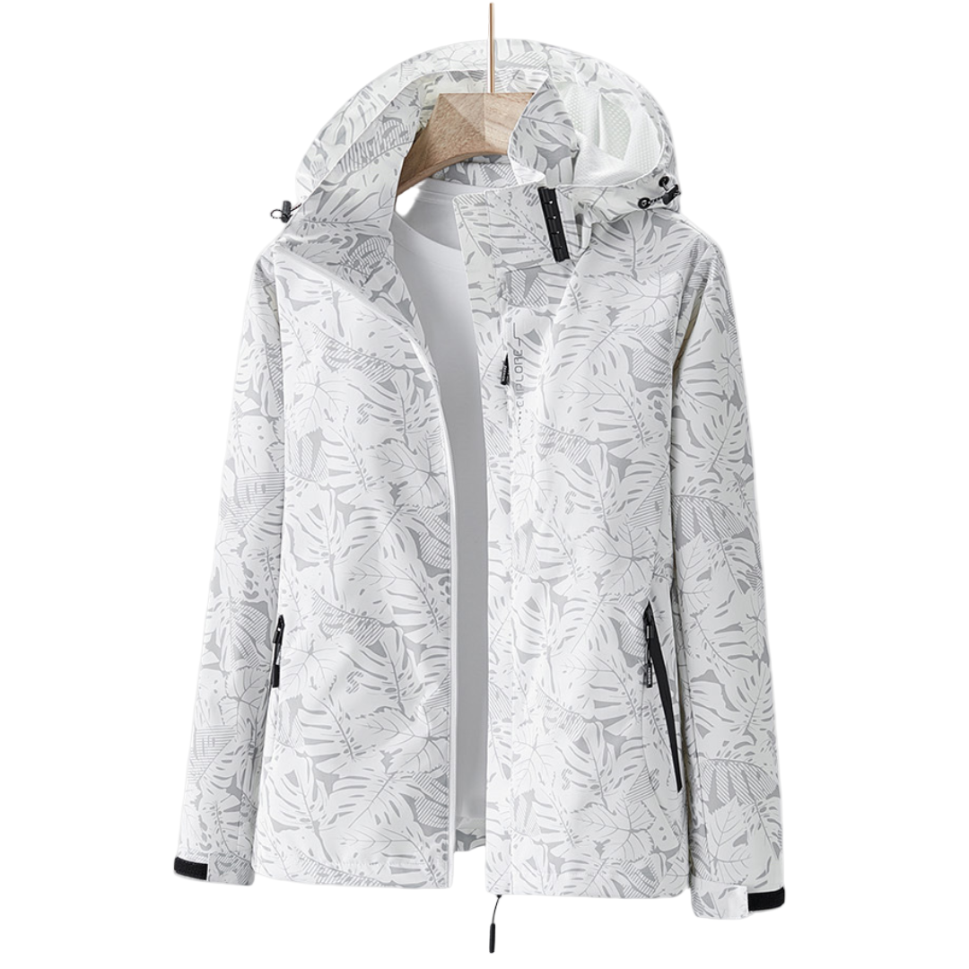 Women's hooded leaf print windbreaker jacket with long sleeves and zipped pockets