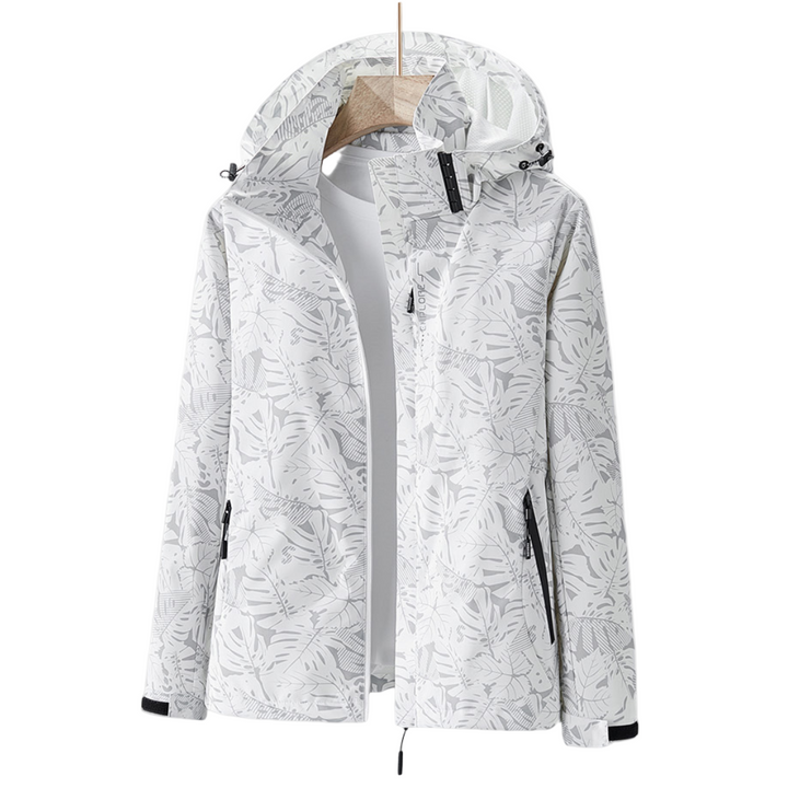 Women's hooded leaf print windbreaker jacket with long sleeves and zipped pockets