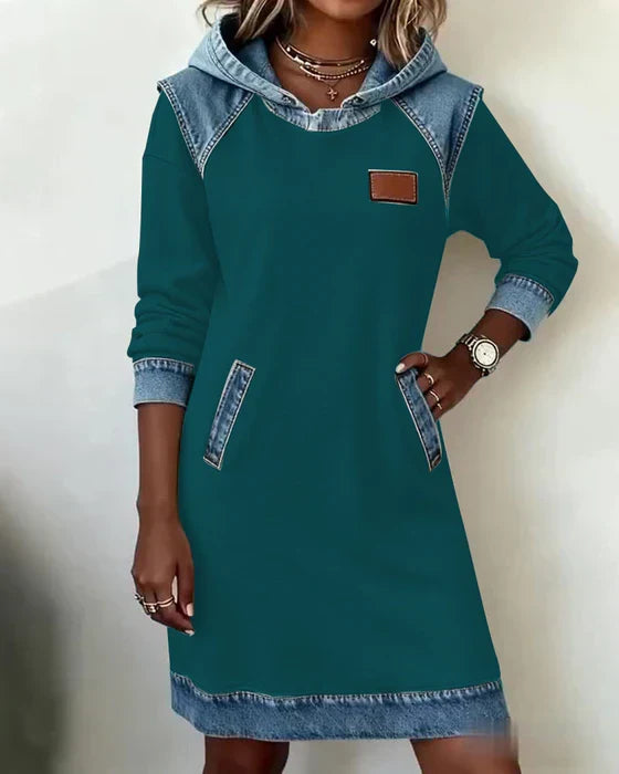 Women's long-sleeve hooded dress with contrast trim and front pockets