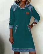 Women's long-sleeve hooded dress with contrast trim and front pockets