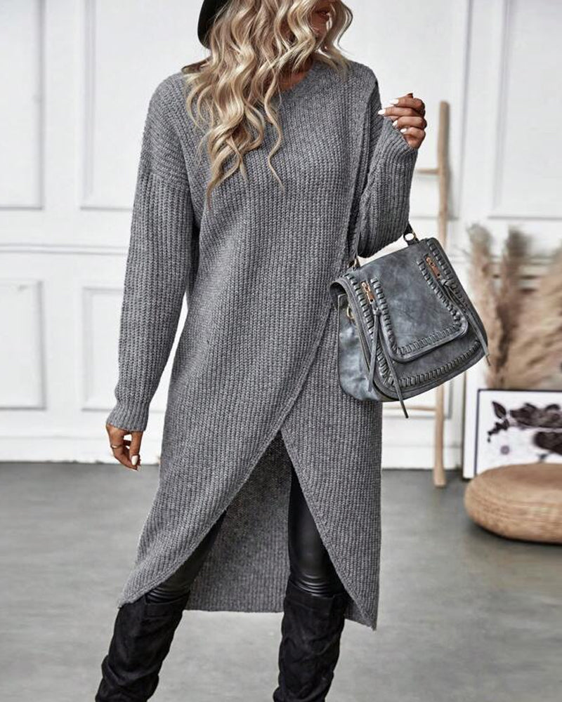 Women's long plain sweater dress with round neck, long sleeves and asymmetric hem