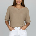 Women's textured knit jumper with wide boat neckline and three quarter sleeves