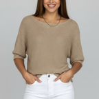 Women's textured knit jumper with wide boat neckline and three quarter sleeves