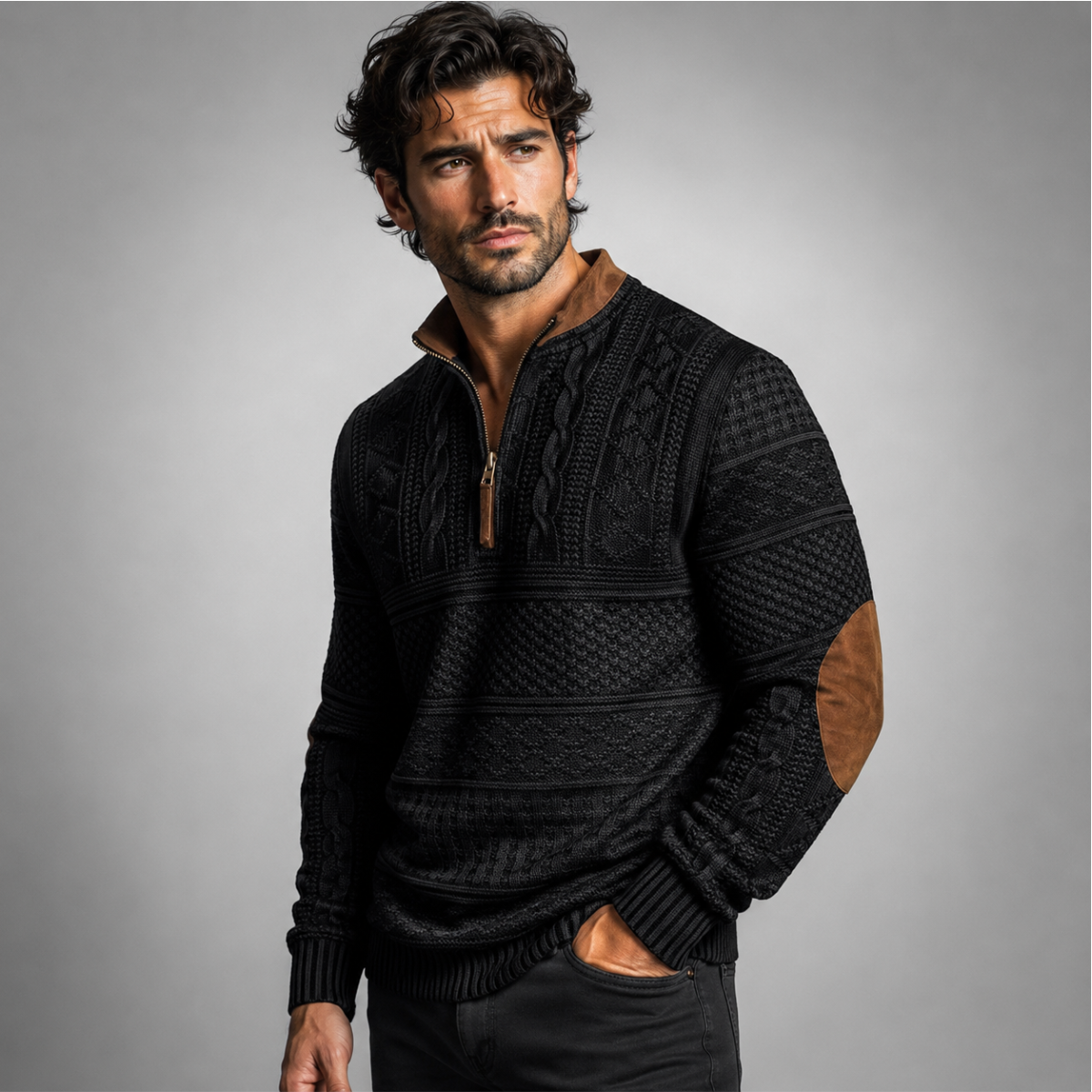 Men's patterned half-zip sweater with mock neck and brown elbow patches