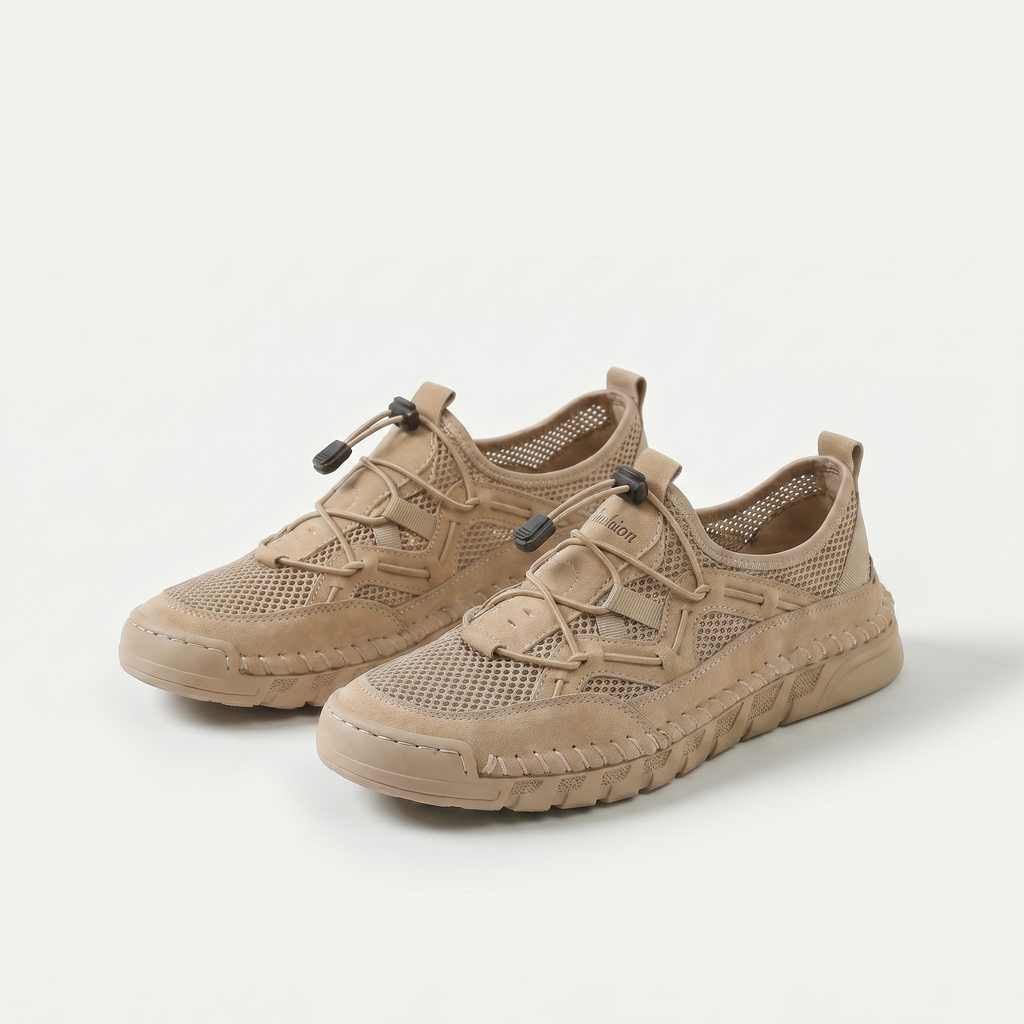 Mesh sneakers with toggle laces and segmented flat soles