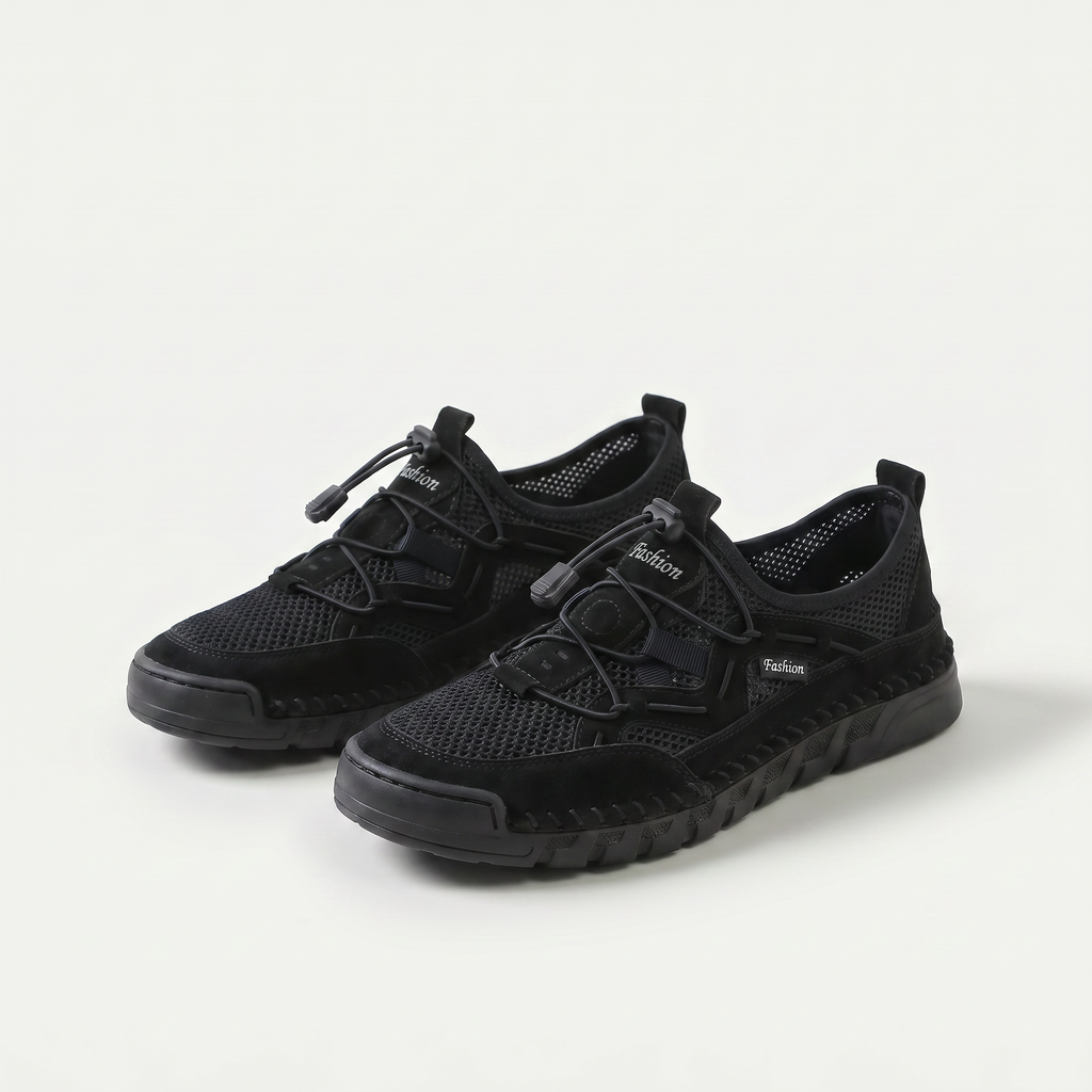 Mesh sneakers with toggle laces and segmented flat soles