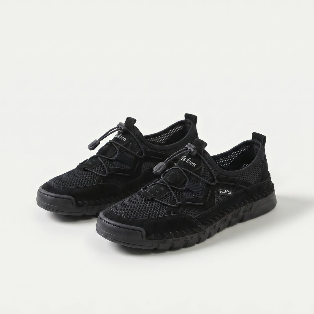 Mesh sneakers with toggle laces and segmented flat soles