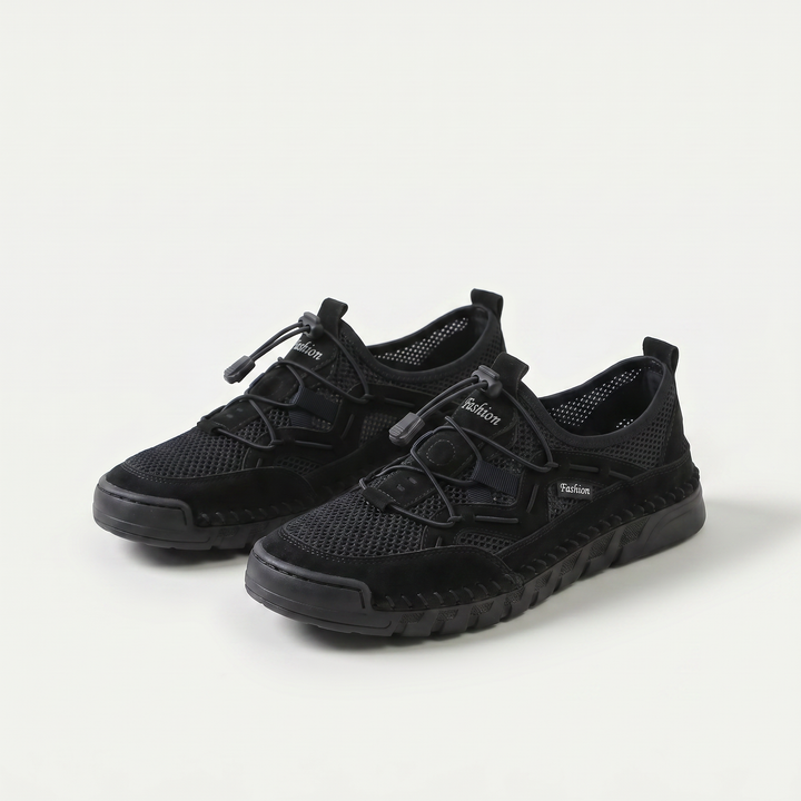 Mesh sneakers with toggle laces and segmented flat soles