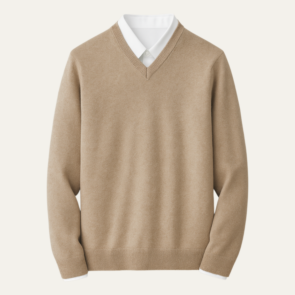 Men's long-sleeve V-neck sweater with ribbed trims worn over a collared shirt