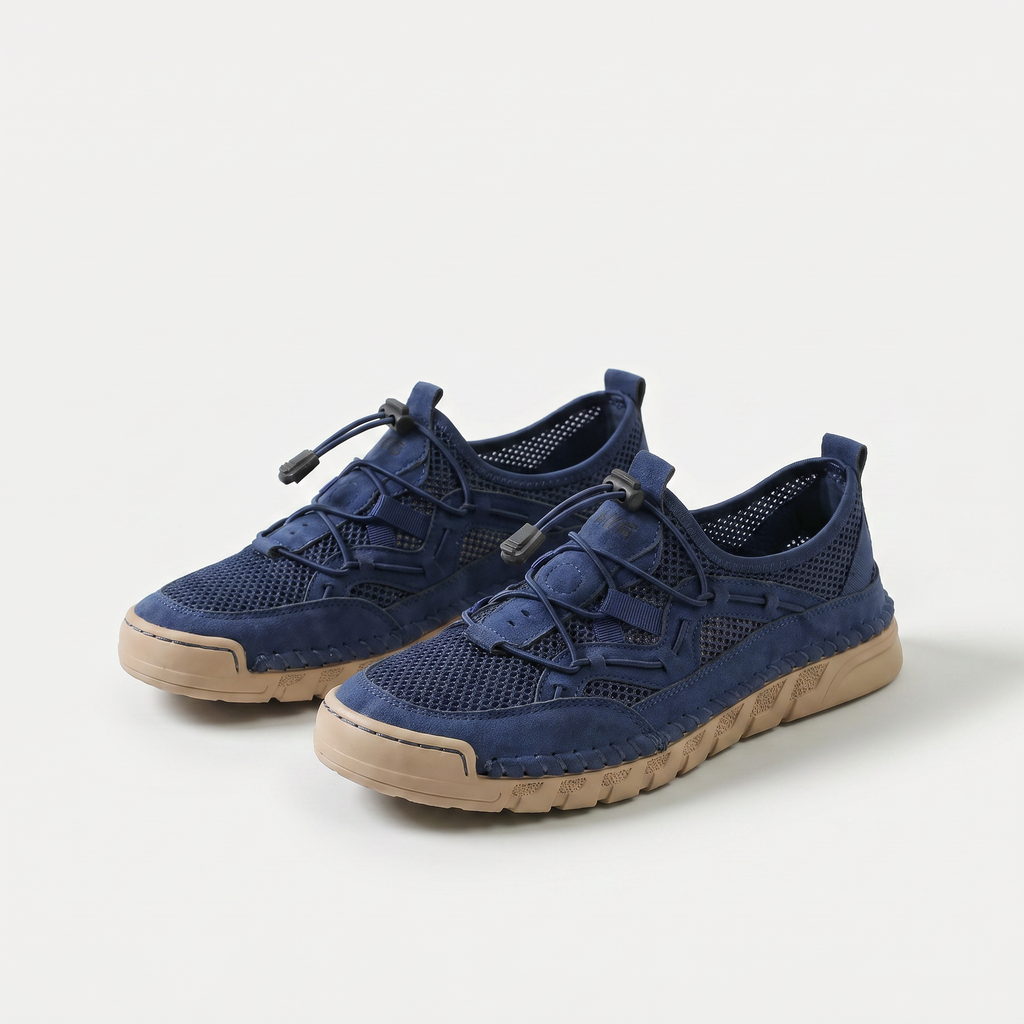 Mesh sneakers with toggle laces and segmented flat soles