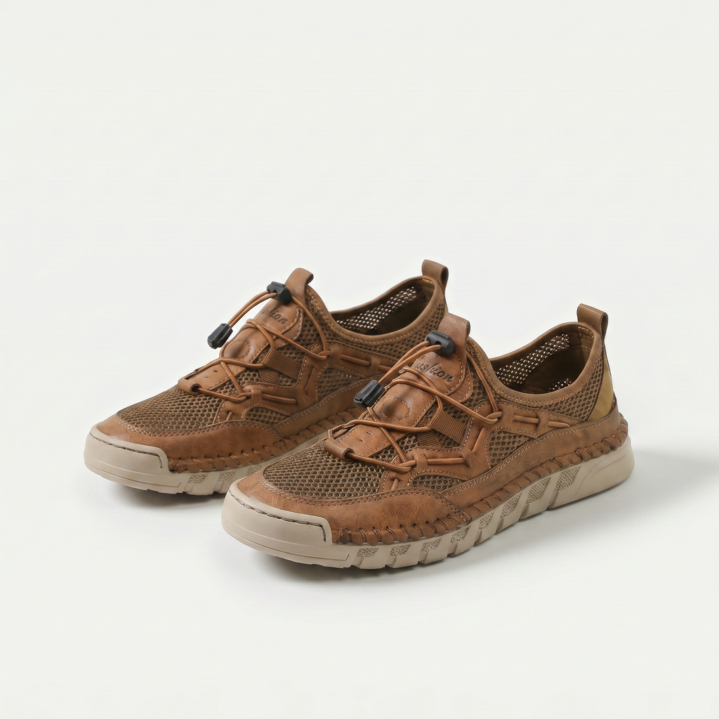 Mesh sneakers with toggle laces and segmented flat soles