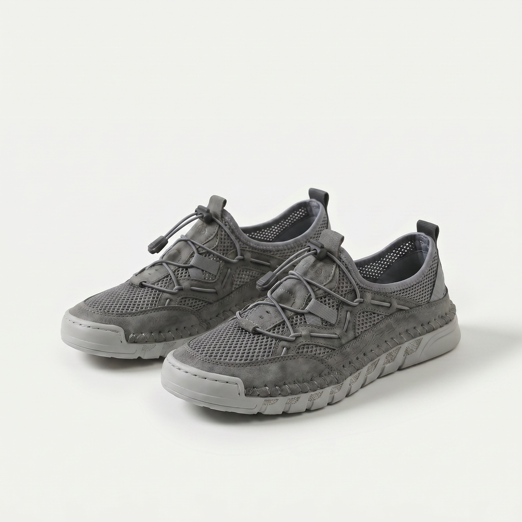 Mesh sneakers with toggle laces and segmented flat soles