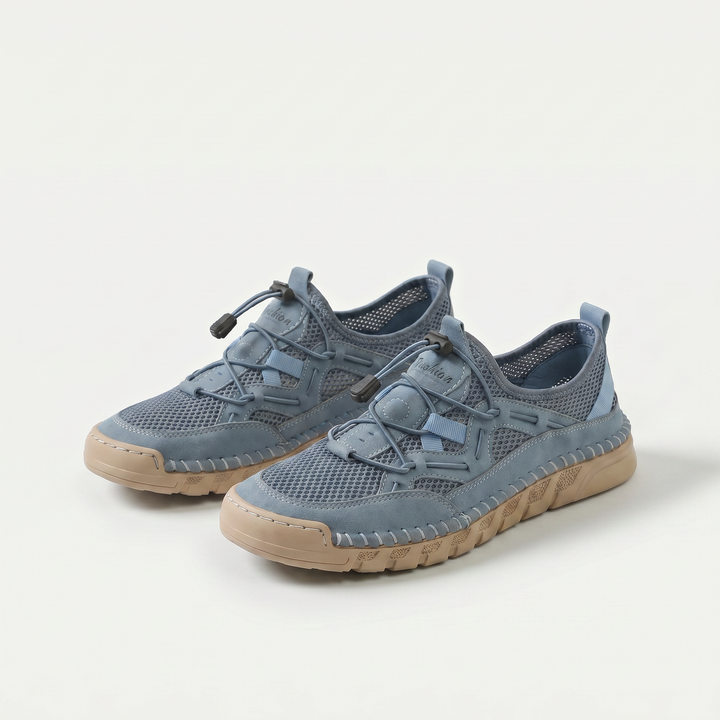 Mesh sneakers with toggle laces and segmented flat soles