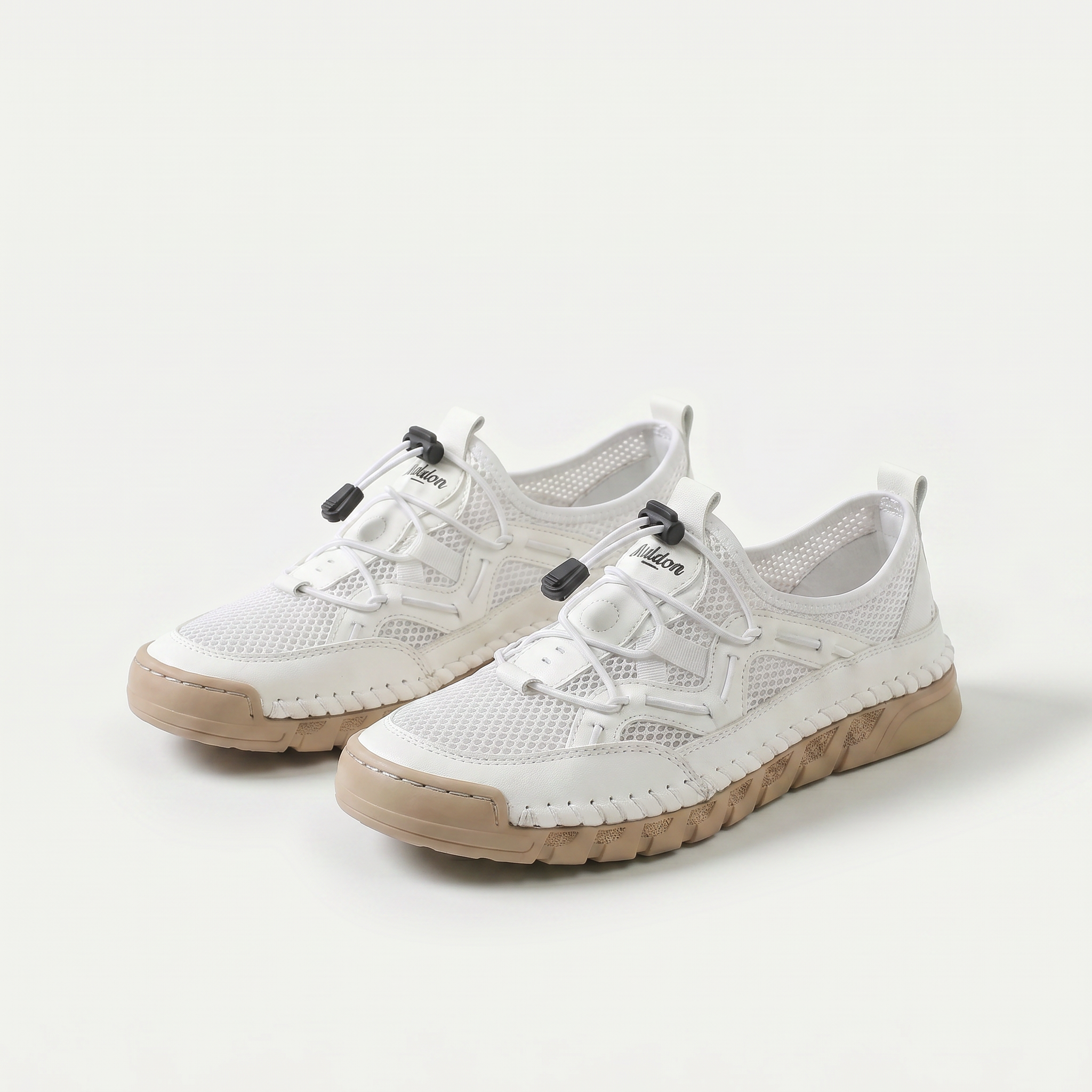 Mesh sneakers with toggle laces and segmented flat soles