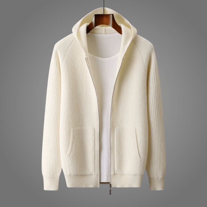 Men's textured hooded zip cardigan with long sleeves and front pockets