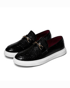 Embossed slip-on loafers with gold bit detail and flat contrasting soles