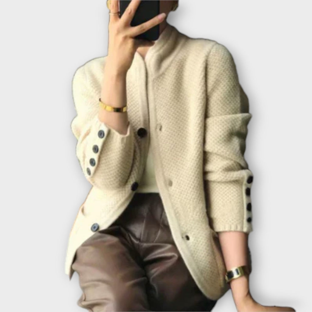 Women's textured button-front cardigan with stand collar