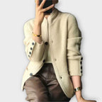 Women's textured button-front cardigan with stand collar