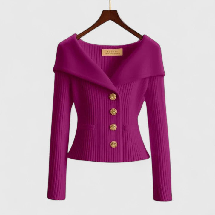Women's ribbed button cardigan with wide collar and long sleeves