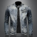 Men's blue-grey washed denim jacket with stand collar, long sleeves and zipped pockets
