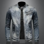 Men's blue-grey washed denim jacket with stand collar, long sleeves and zipped pockets
