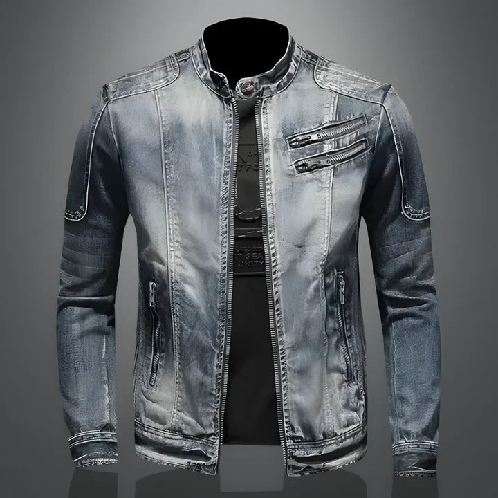 Men's blue-grey washed denim jacket with stand collar, long sleeves and zipped pockets