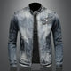 Men's blue-grey washed denim jacket with stand collar, long sleeves and zipped pockets