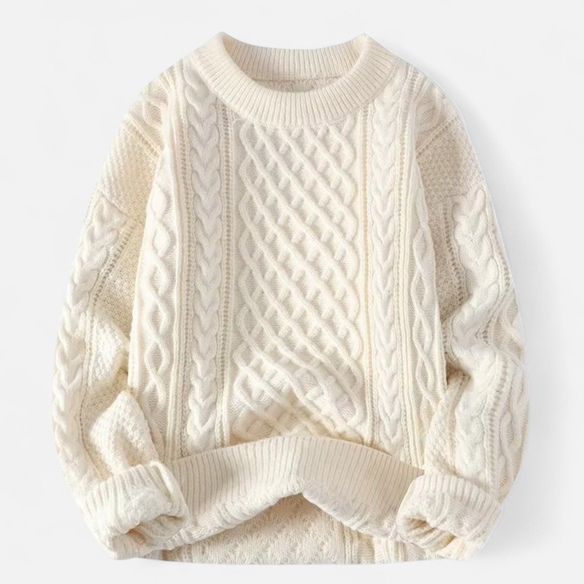 Men's cable knit crew neck sweater with long sleeves