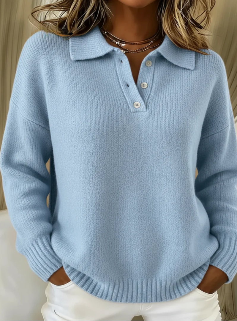 Women's long-sleeve polo collar knit sweater with button placket and ribbed trims