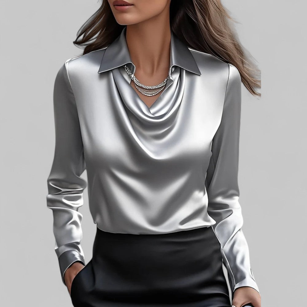 Women's long-sleeve blouse with draped neckline and pointed collar
