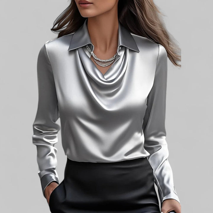 Women's long-sleeve blouse with draped neckline and pointed collar