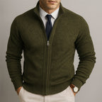 Men's plain knit zip-up cardigan with high collar, long sleeves and zipped pockets