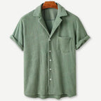 Men's short-sleeve knitted waffle shirt with notched collar and chest pocket