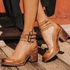 Women's ankle boots with three buckle straps and block heel