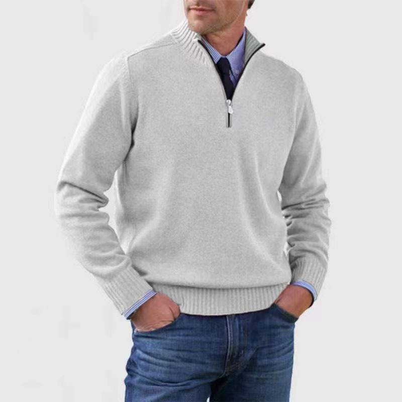 Men's quarter zip mock neck jumper with long sleeves and ribbed trims