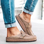 Women's buckle slip-on loafers with moc toes and stitched trim