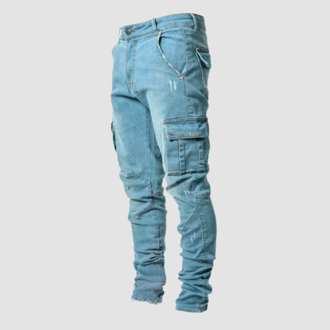 Men's skinny cargo jeans with utility pockets, distressed details and full-length legs