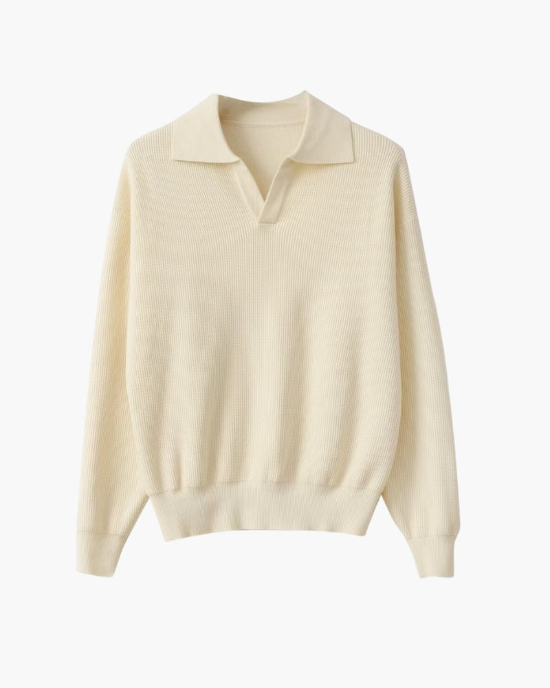 Men's textured knit polo sweater with open V-neck collar and long sleeves