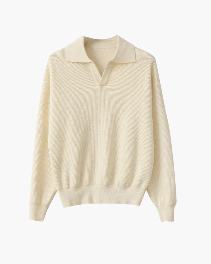 Men's textured knit polo sweater with open V-neck collar and long sleeves