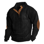 Men's ribbed quarter-button sweatshirt with stand collar and elbow patches